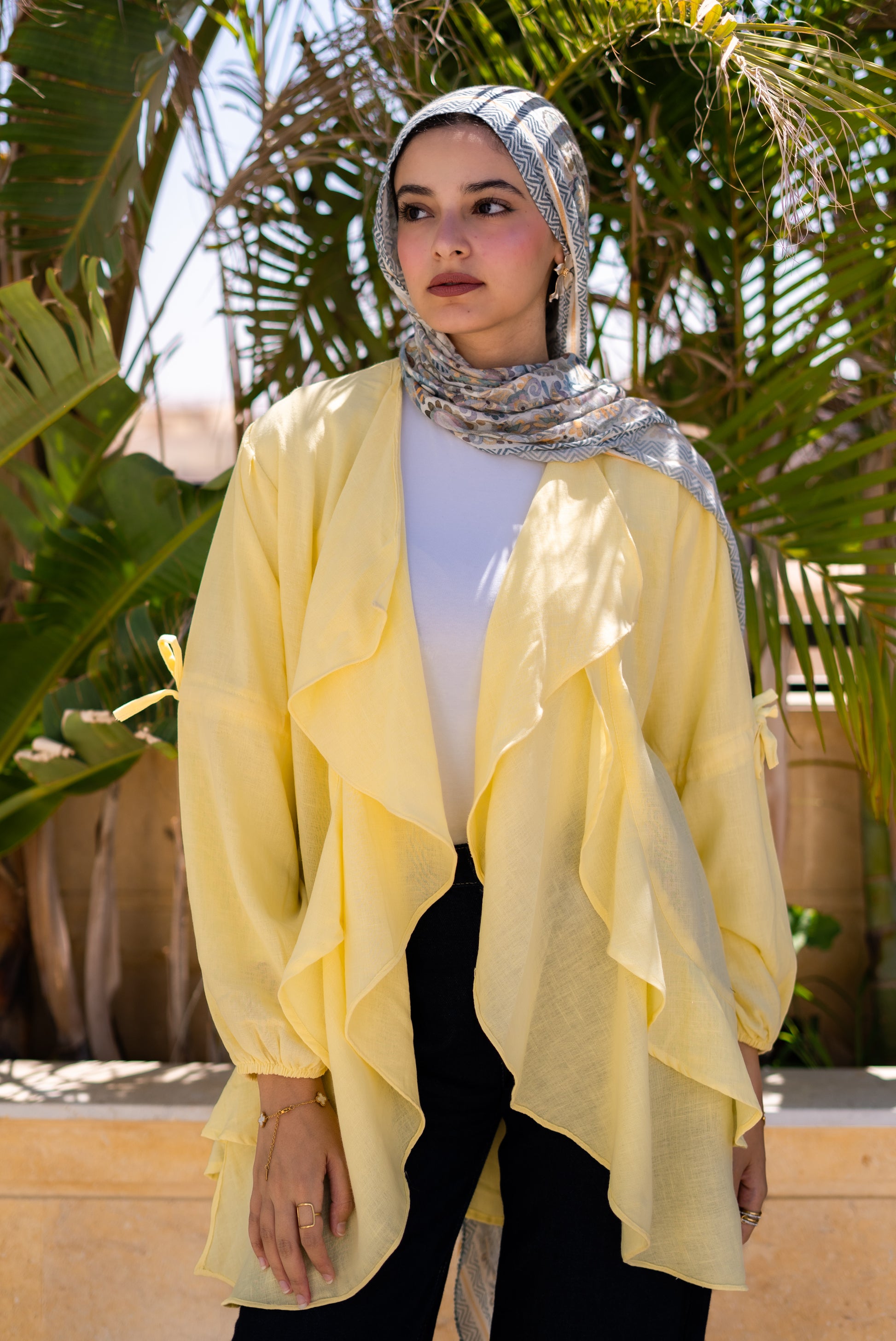 Faden linen waterfall cardigan in Butter Yellow — Faden modest wear, image 1