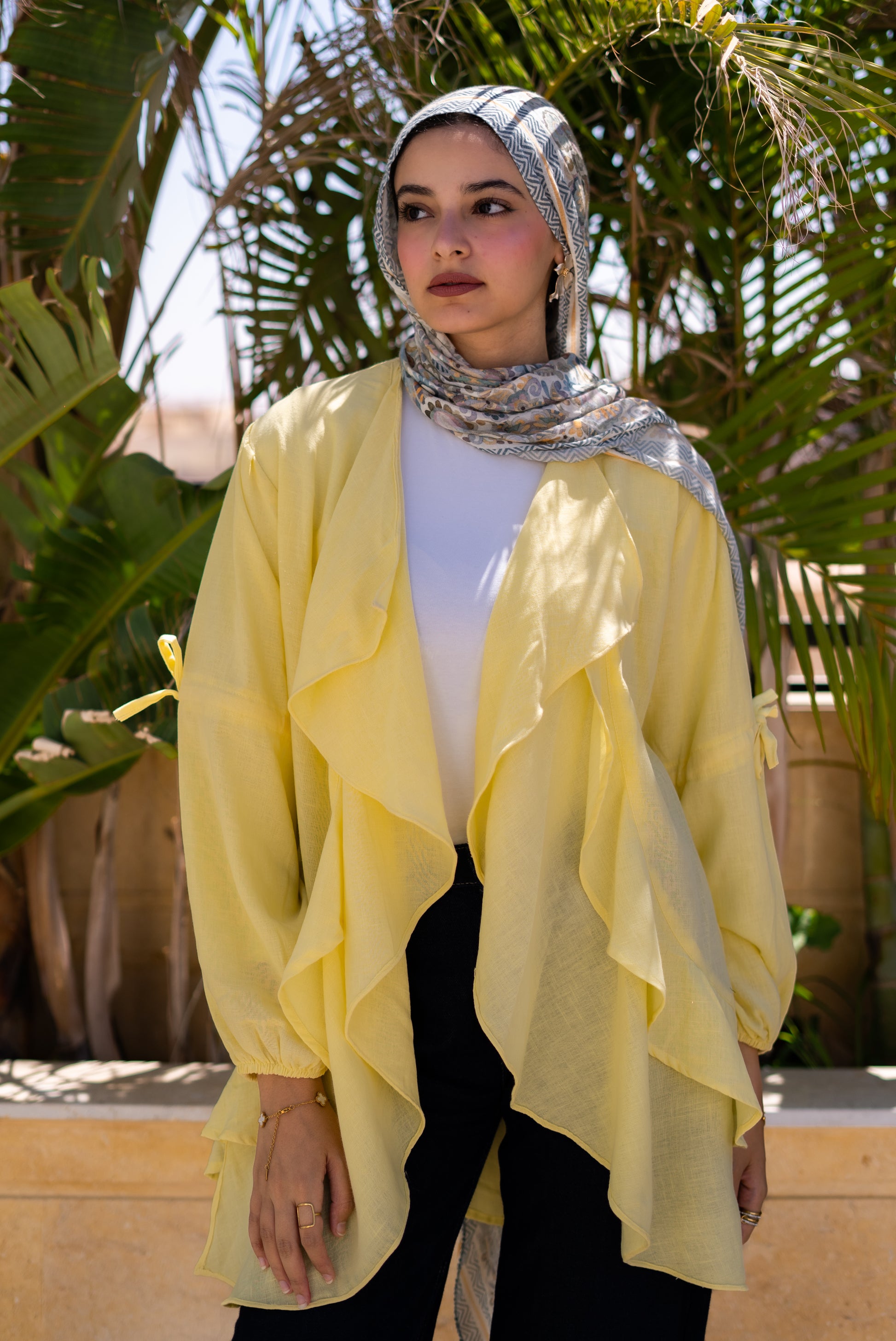 Faden linen waterfall cardigan in Butter Yellow — Faden modest wear, image 2