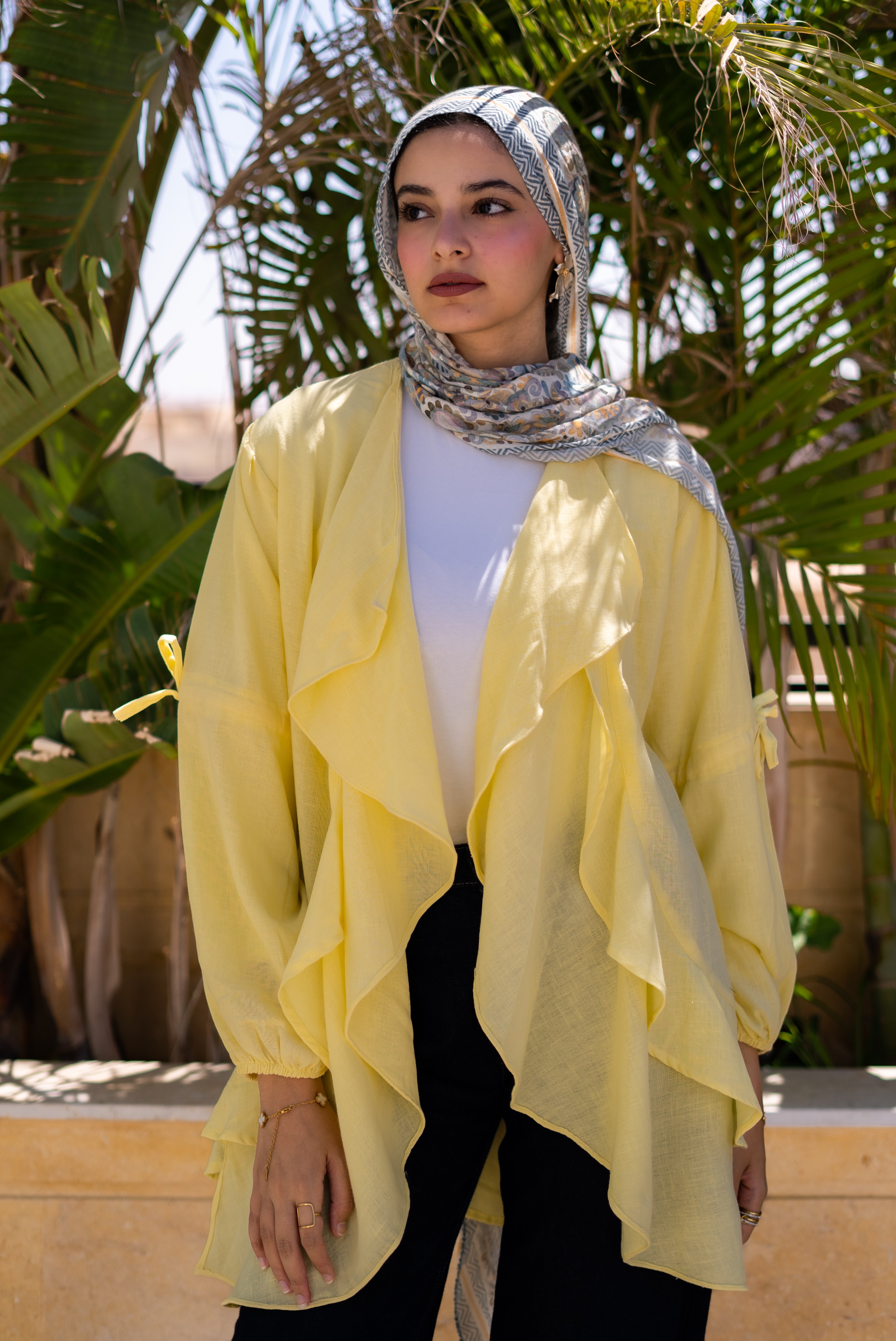 Faden linen waterfall cardigan in Butter Yellow — Faden modest wear, image 2