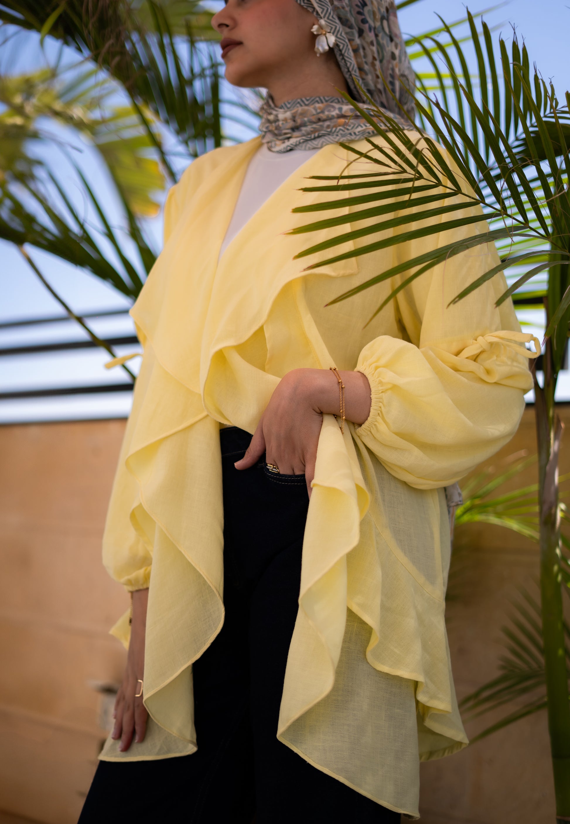Faden linen waterfall cardigan in Butter Yellow — Faden modest wear, image 3