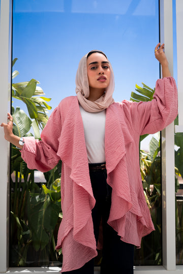 Faden linen waterfall cardigan in Blush — Faden modest wear, image 1