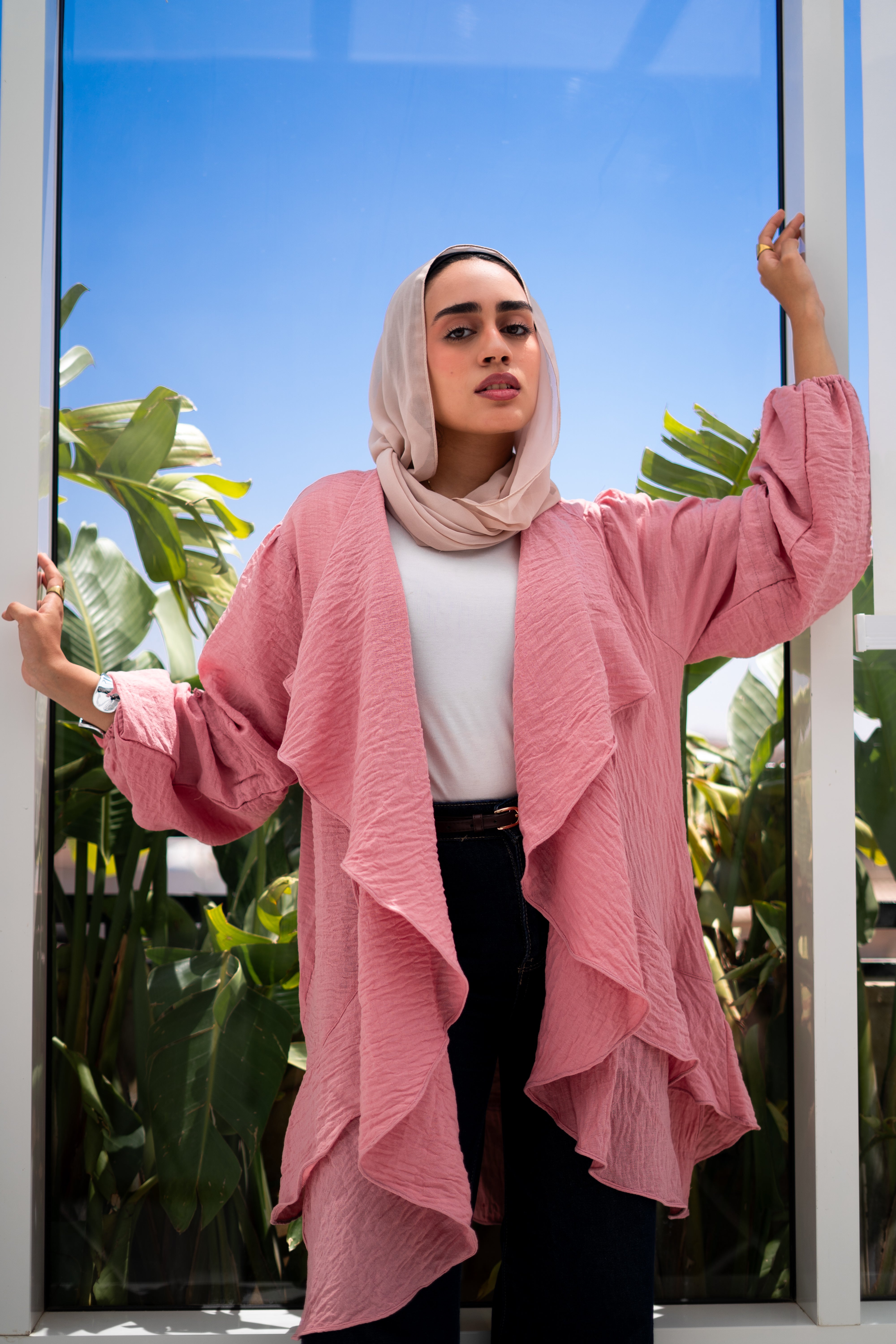 Faden linen waterfall cardigan in Blush — Faden modest wear, image 1