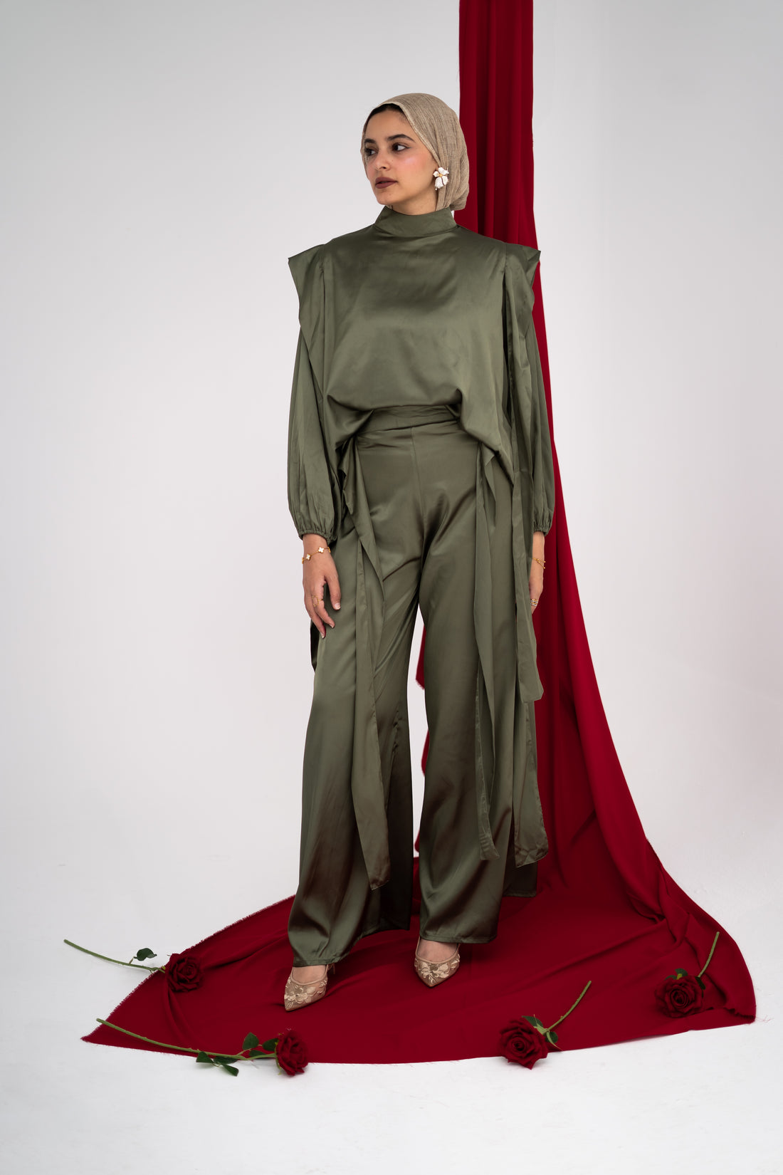 Faden draped satin co-ord set in Olive — Faden modest wear, image 1