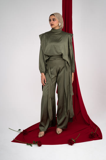 Faden draped satin co-ord set in Olive — Faden modest wear, image 1