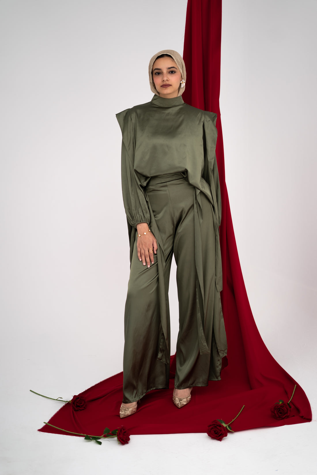 Faden draped satin co-ord set in Olive — Faden modest wear, image 1