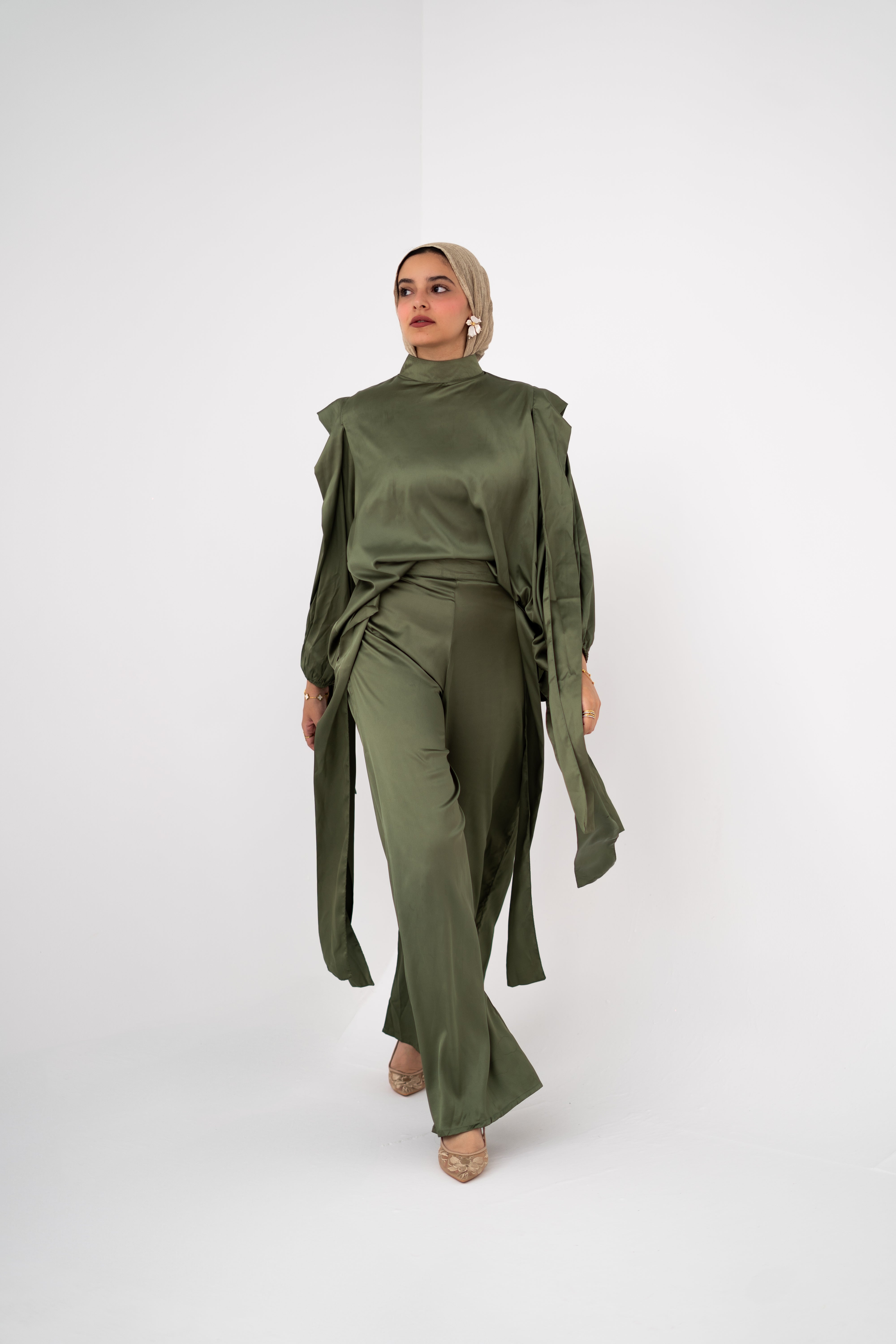 Faden draped satin co-ord set in Olive — Faden modest wear, image 3