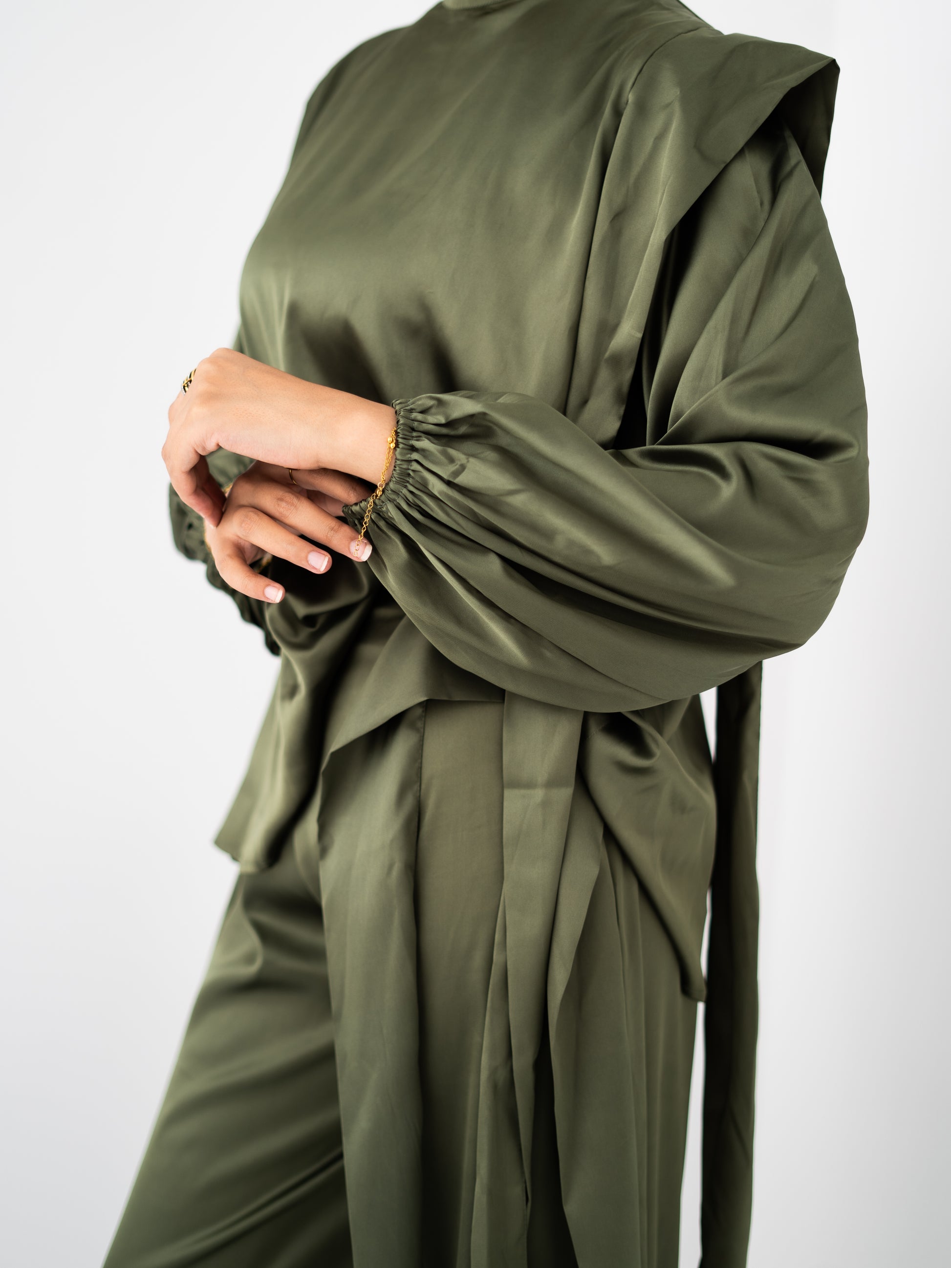 Faden draped satin co-ord set in Olive — Faden modest wear, image 4