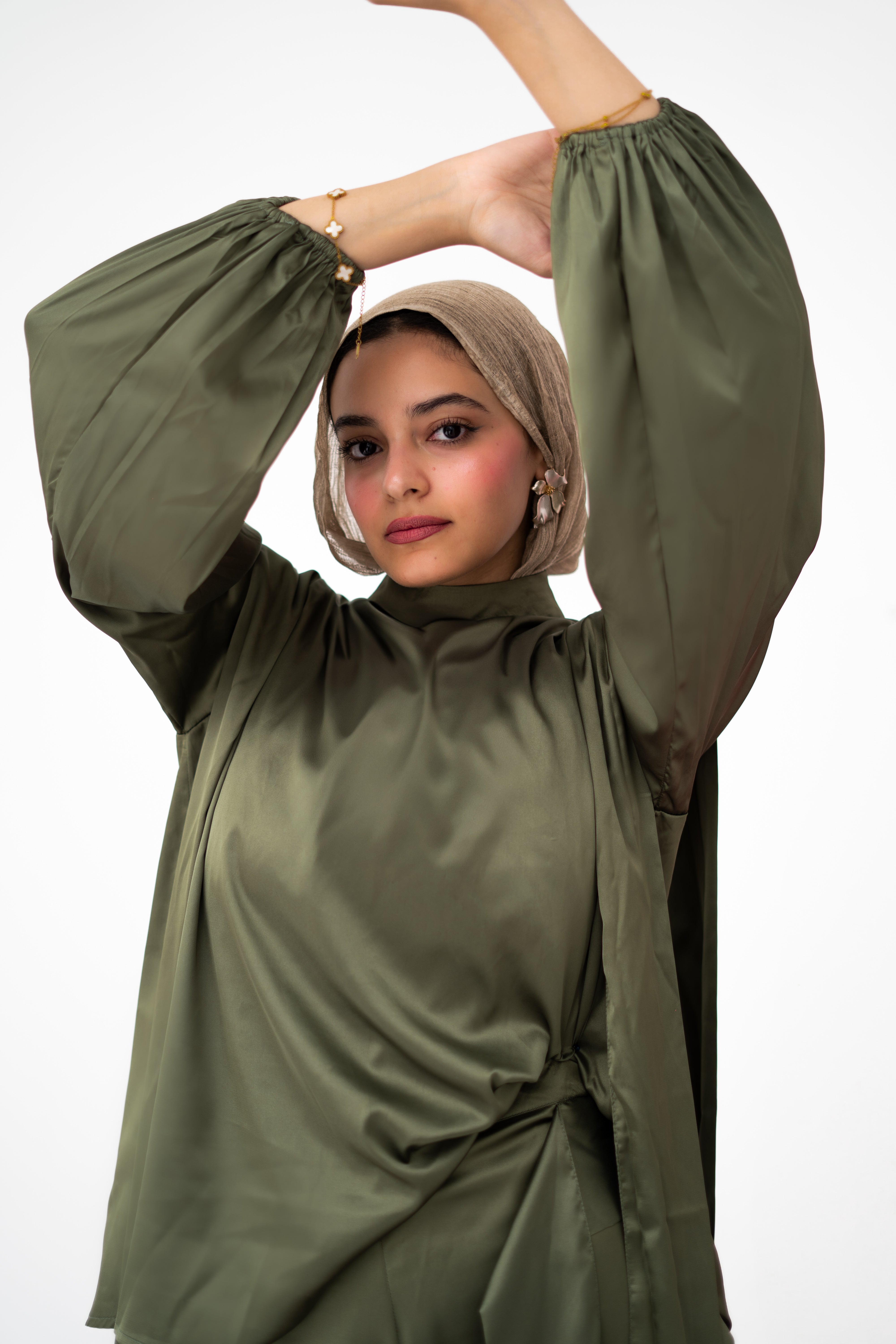 Faden draped satin co-ord set in Olive — Faden modest wear, image 6