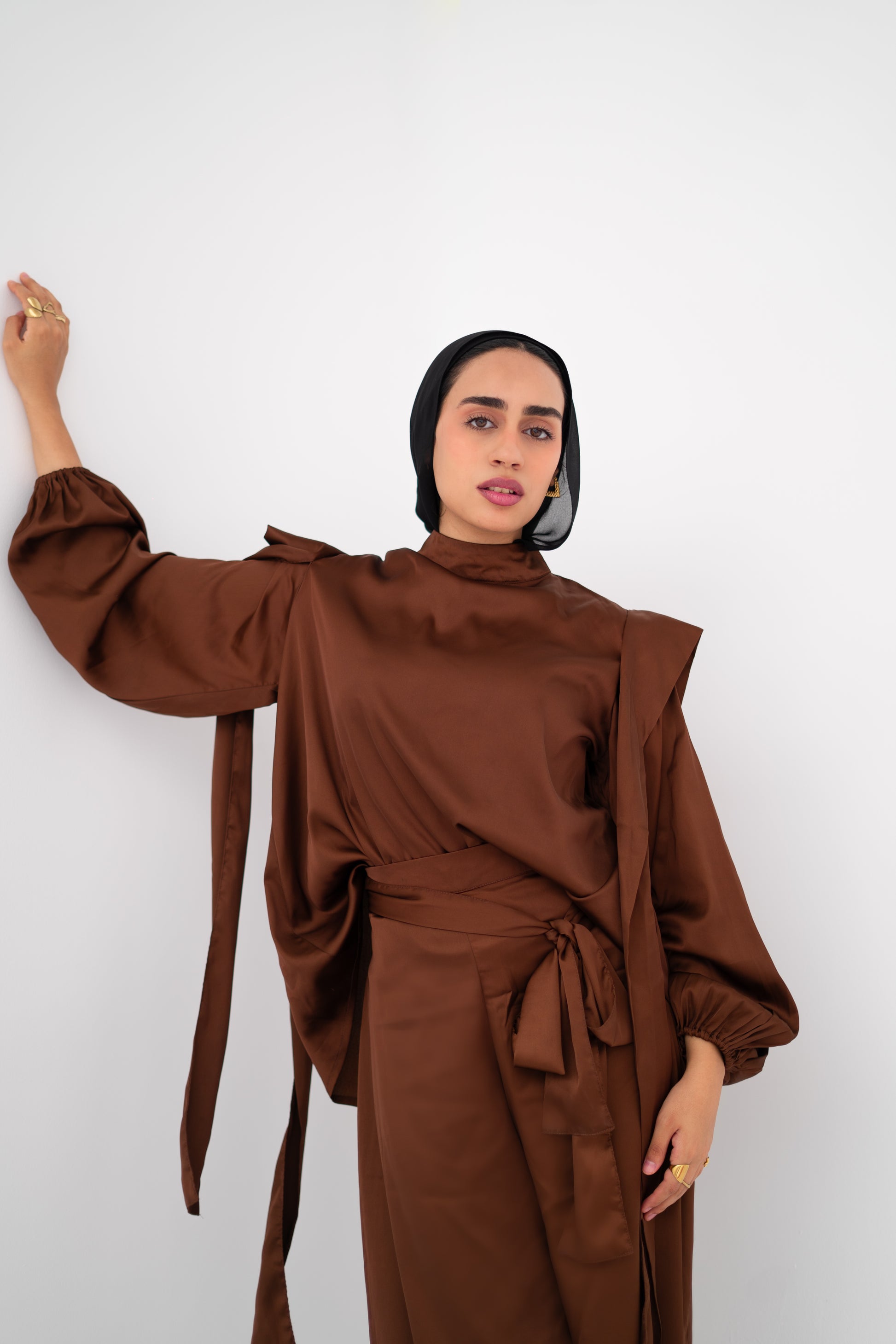 Faden draped satin co-ord set in Chocolate — Faden modest wear, image 1