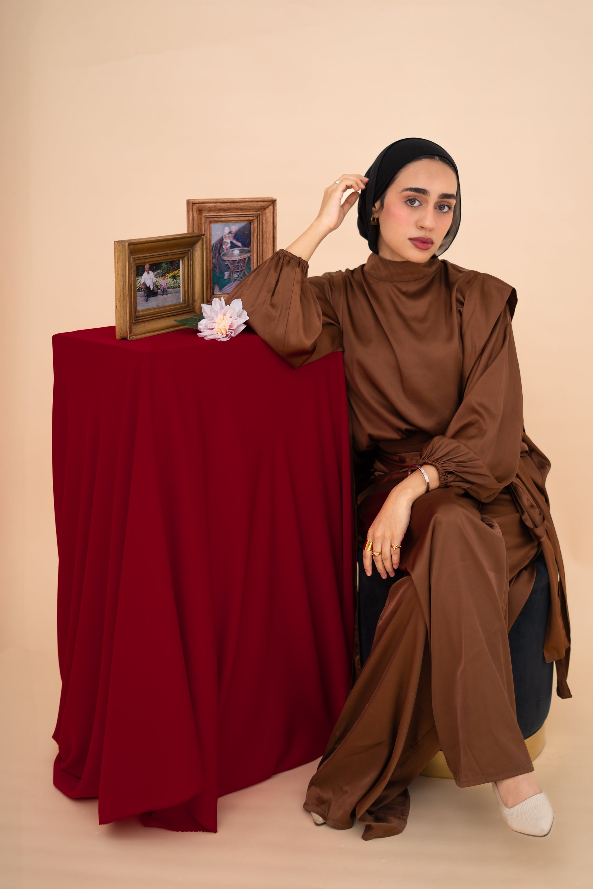 Faden draped satin co-ord set in Chocolate — Faden modest wear, image 2