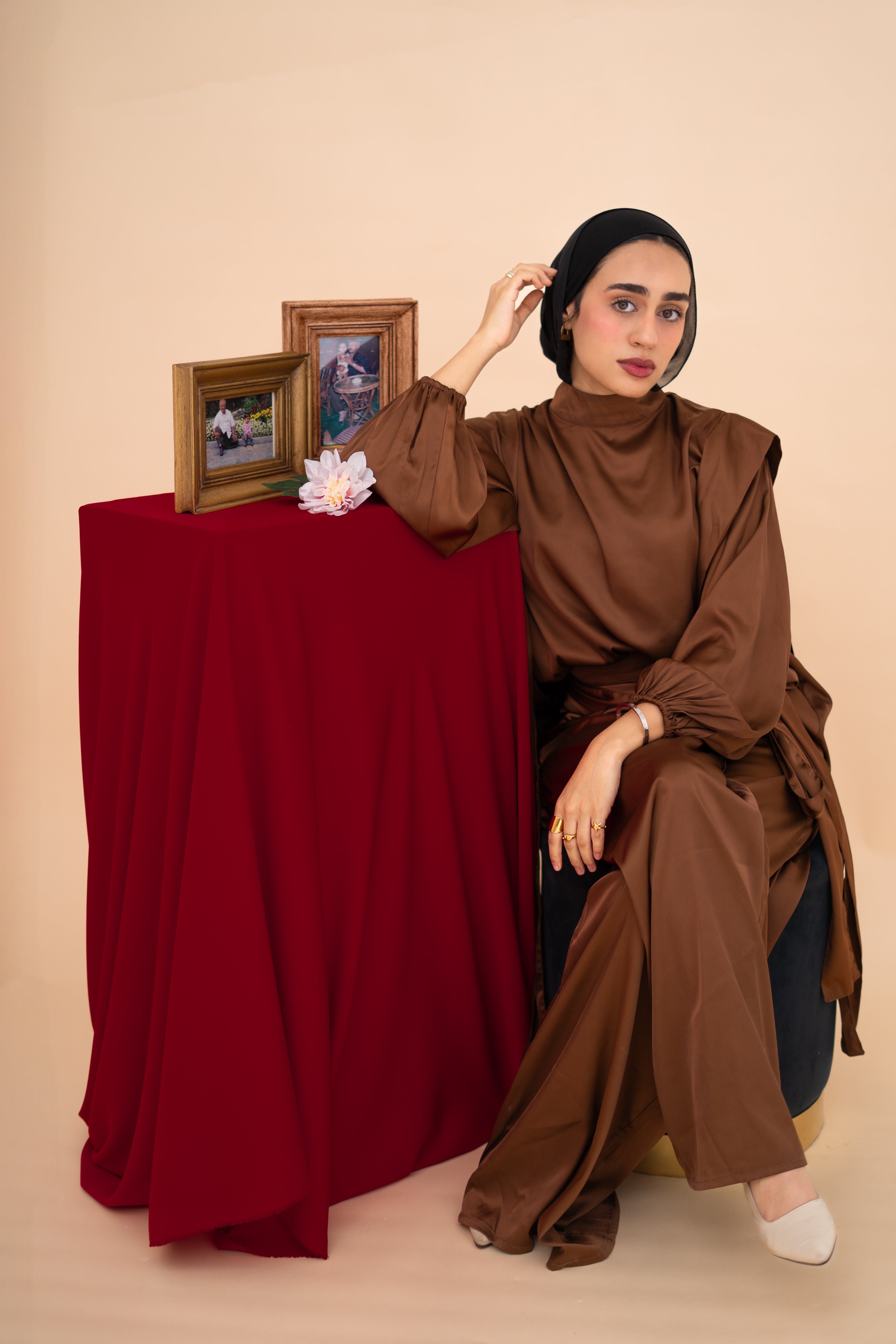 Faden draped satin co-ord set in Chocolate — Faden modest wear, image 2
