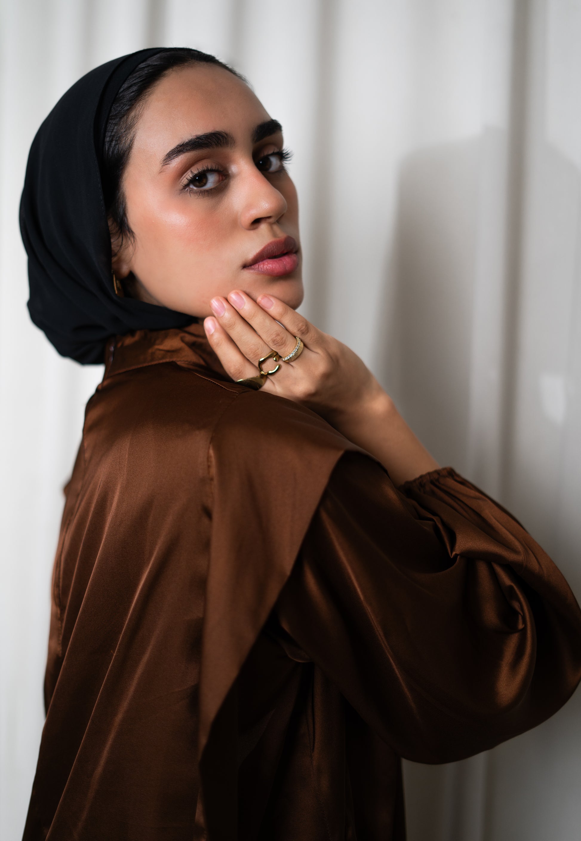 Faden draped satin co-ord set in Chocolate — Faden modest wear, image 6