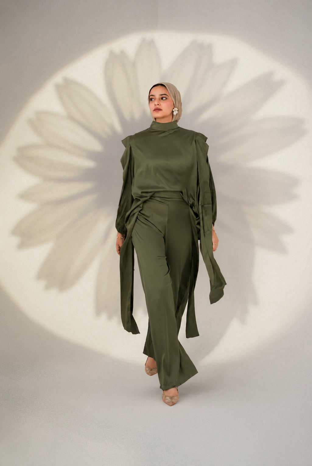 Faden draped satin co-ord set in Olive — Faden modest wear, image 7